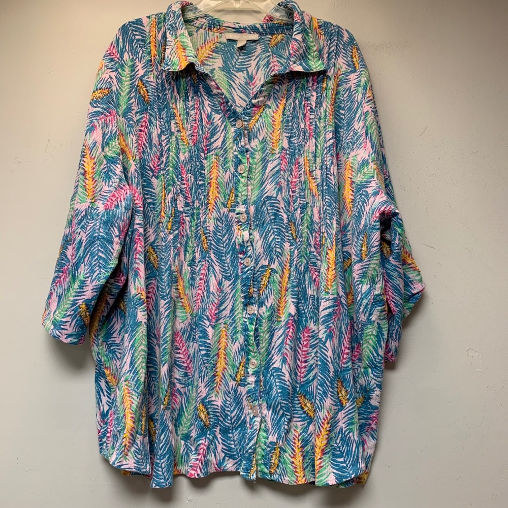 Woman Within Button Front Shirt Women 4X Pink Tropical Leaf Print 14542